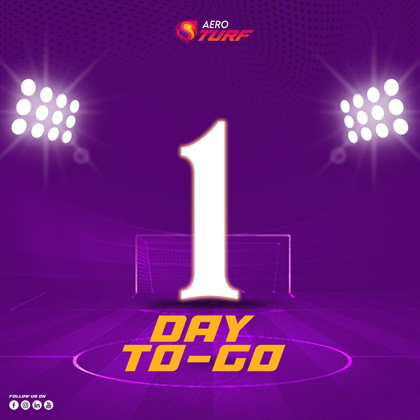 “1 Day To-Go” countdown post: a large numeral under stadium floodlights on a purple pitch.