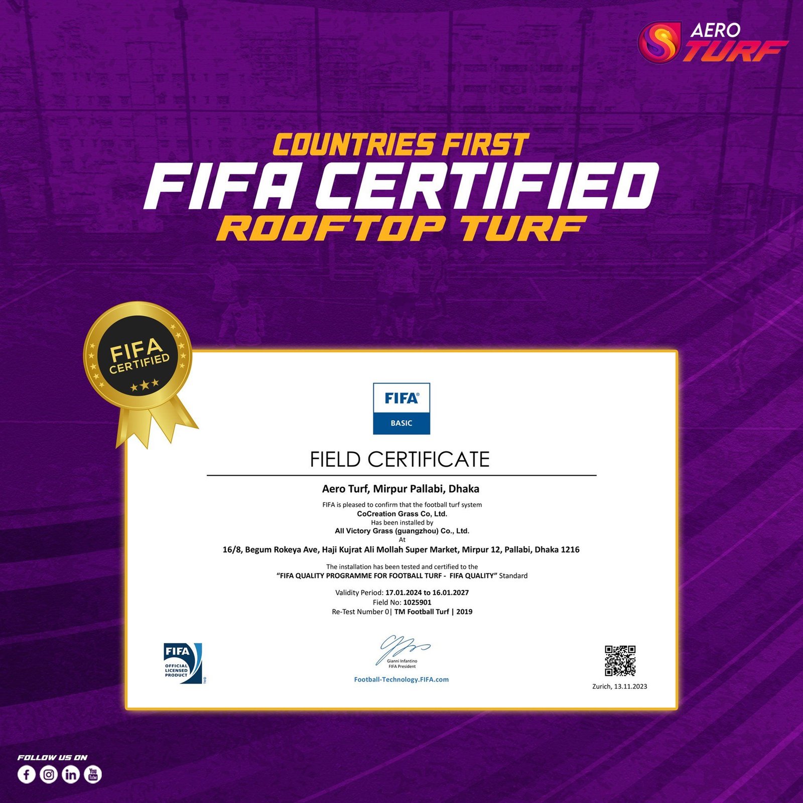 FIFA Certified post: the FIFA Basic field certificate for Aero Turf, Mirpur Pallabi, framed in gold with a seal.