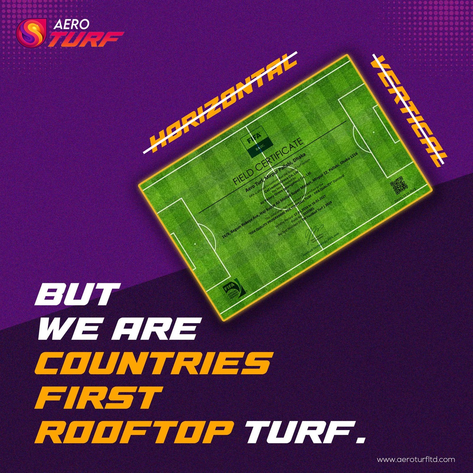 Topical post: the certificate printed onto a football pitch, “horizontal” and “vertical” struck through, and the rooftop-turf line below — a riff on a trending “first vertical credit card” launch.