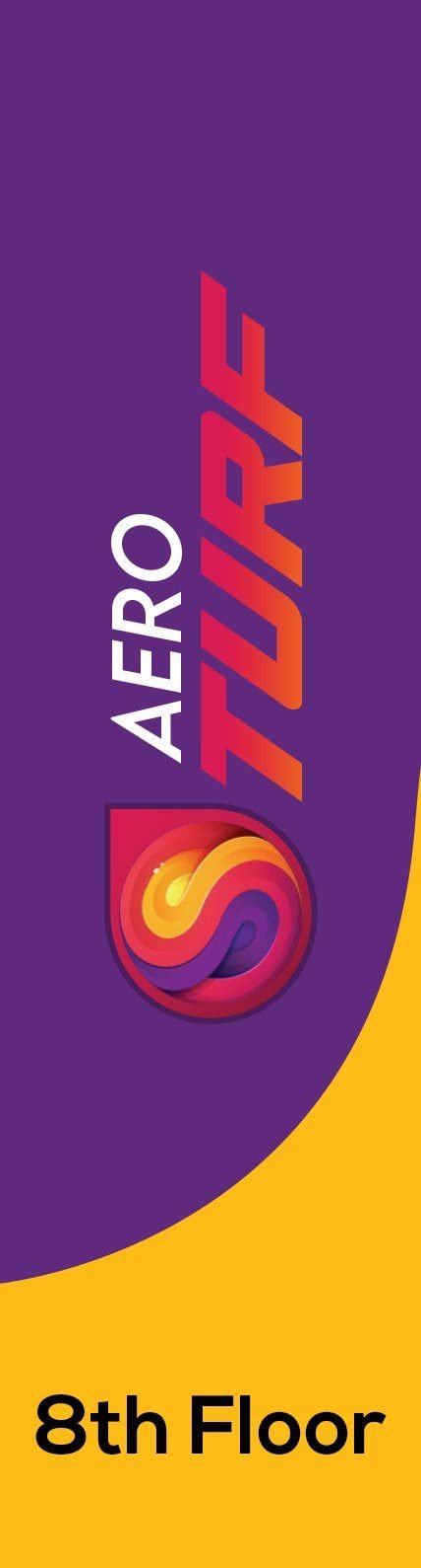Flat artwork of the feather flag: purple field, vertical Aero Turf logo, yellow base with “8th Floor”.