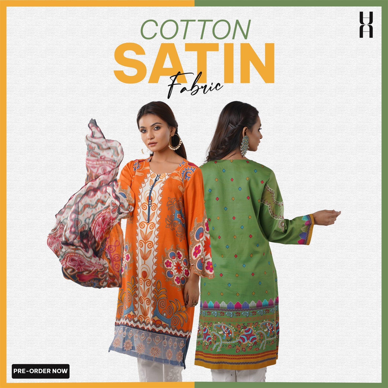 Cotton Satin pre-order post: two models in orange and green prints on a split mustard and green frame.