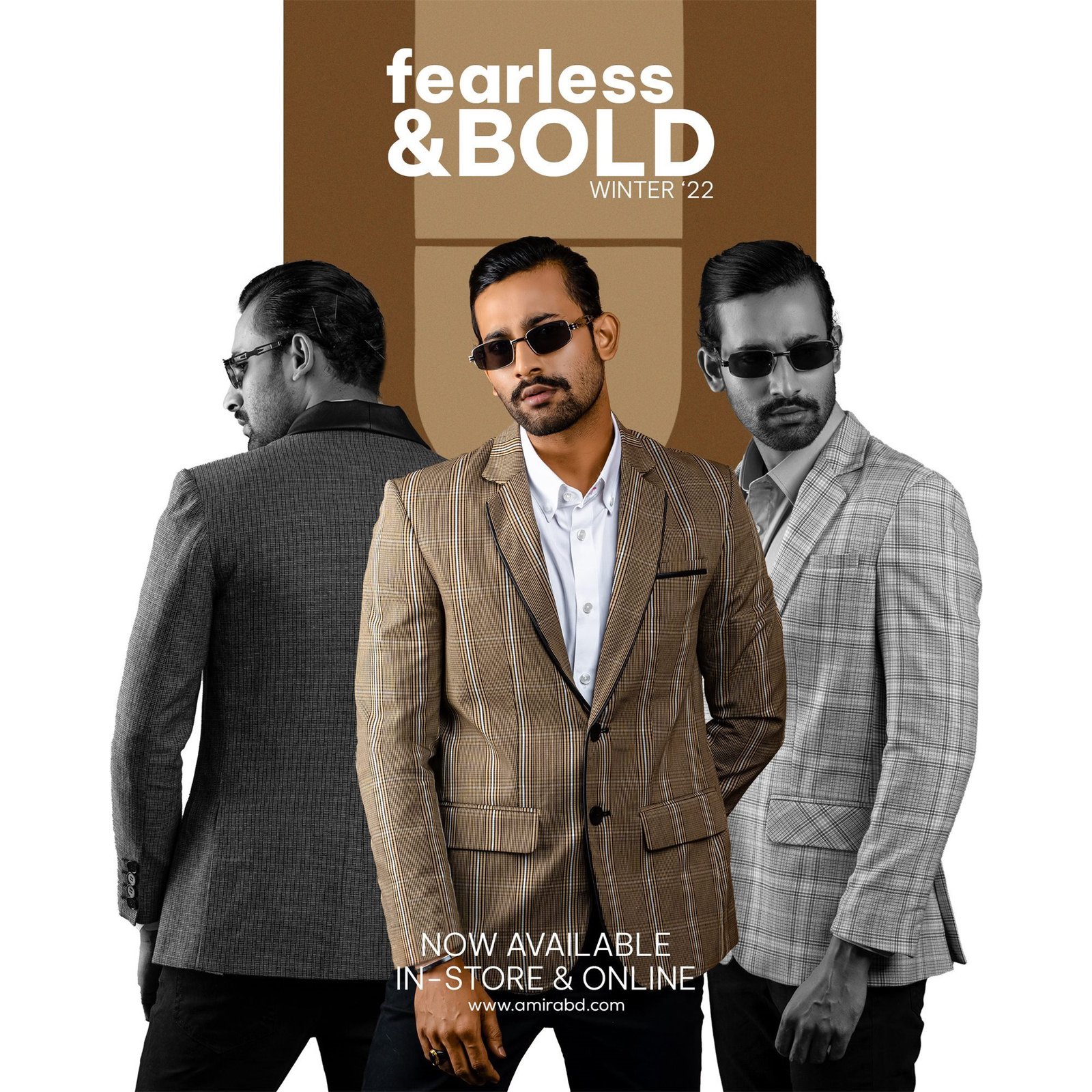 Fearless & Bold, Winter ’22: three men in check blazers before a caramel monogram arch.