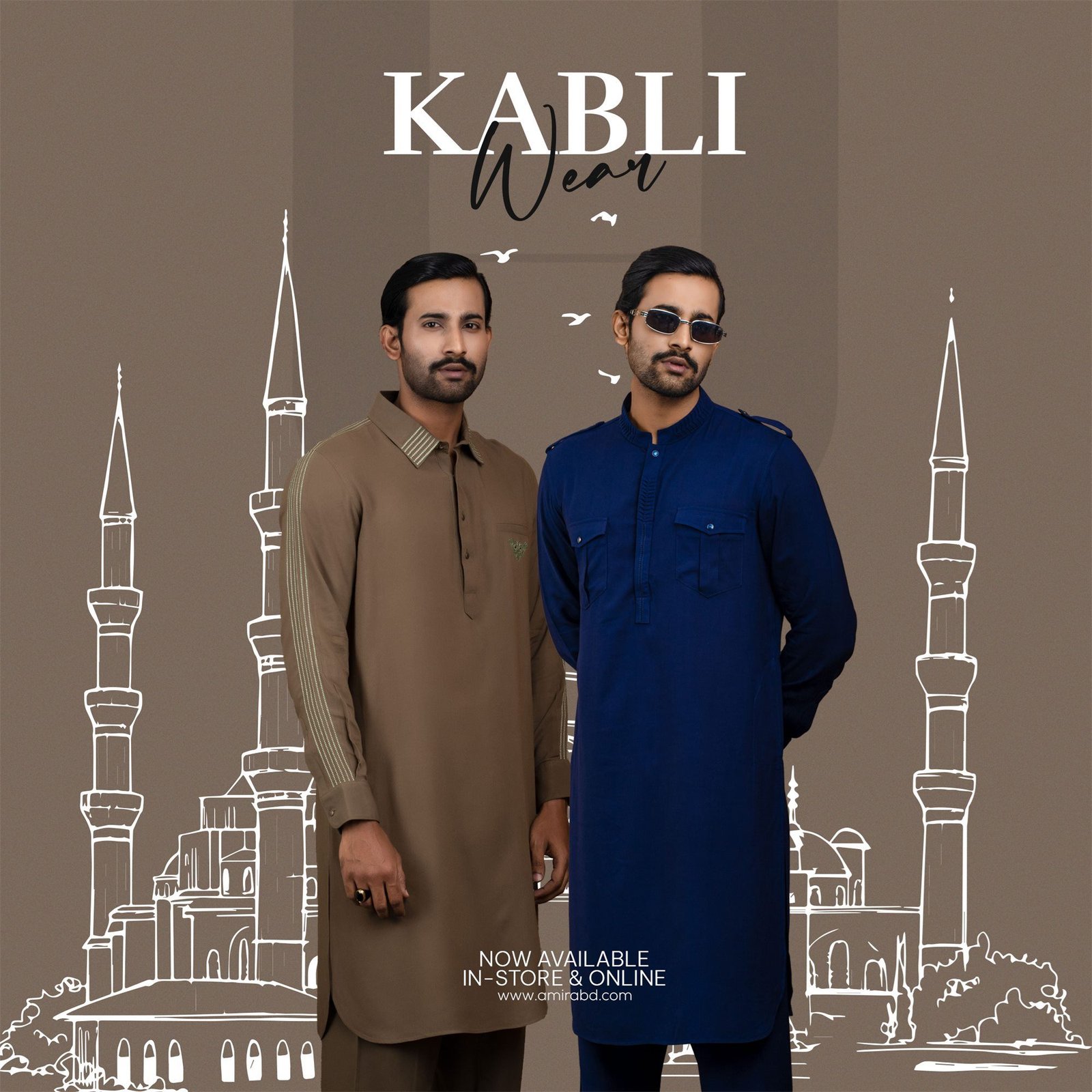 Kabli Wear launch for AMIRÁ MAN: two men in kabli suits before a hand-drawn mosque skyline.