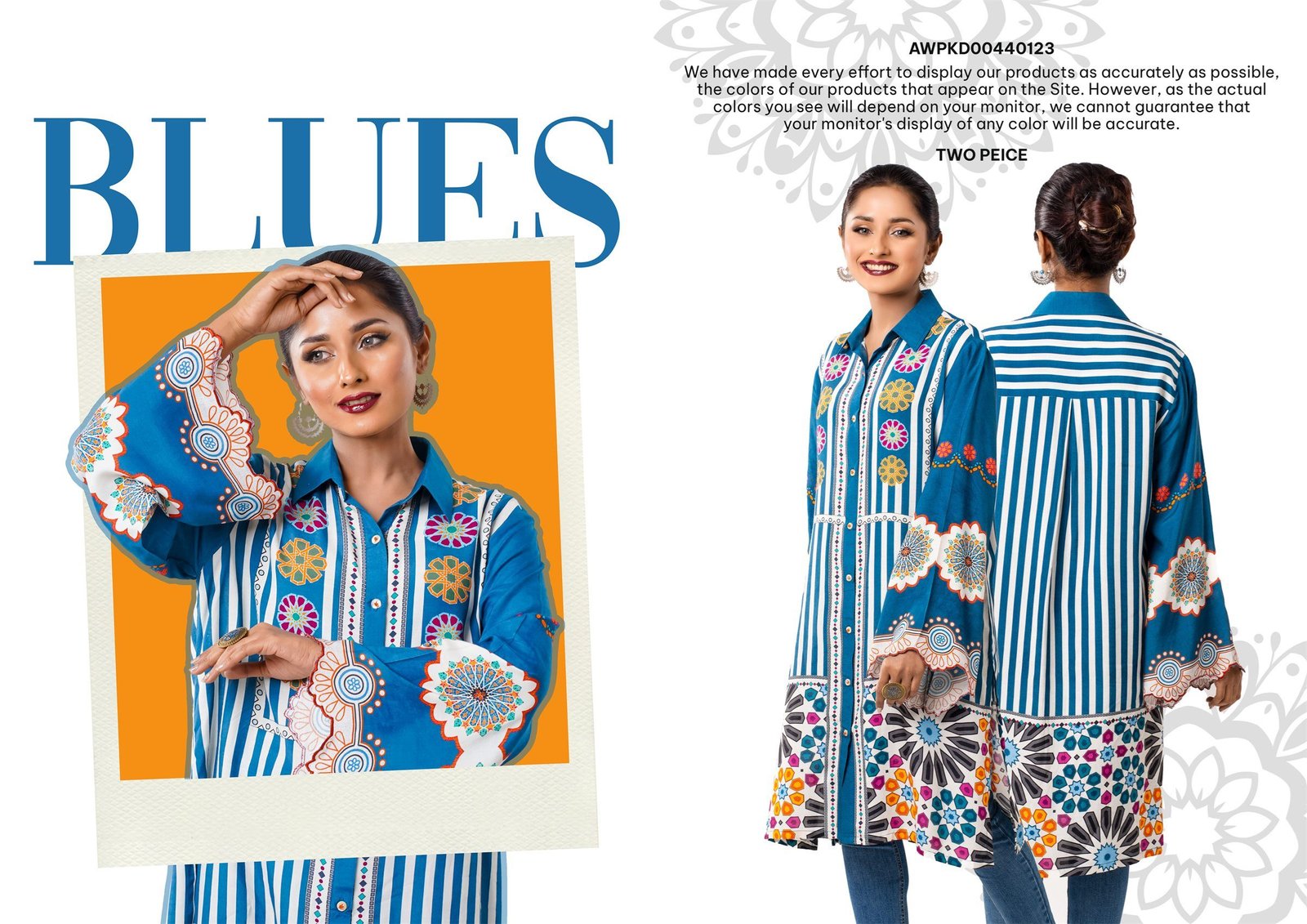 Lookbook spread “Blues”: a striped blue shirt-kameez in a polaroid frame on orange, with front and back views.