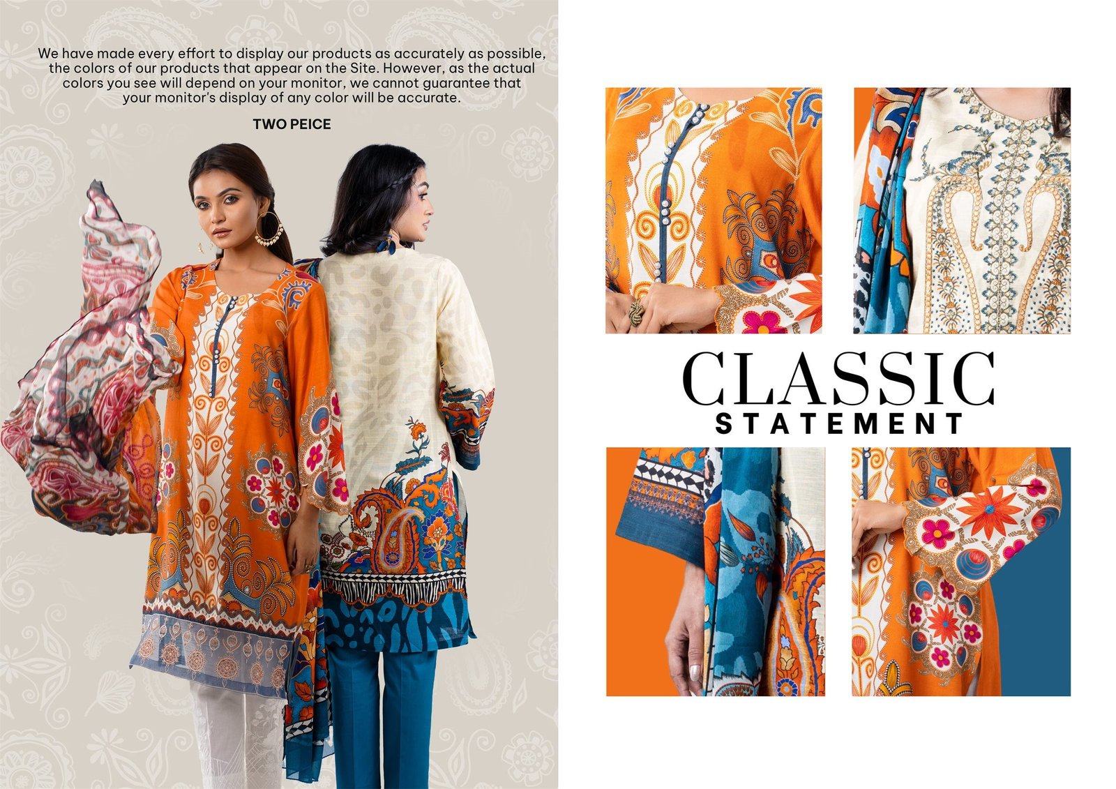 Lookbook spread “Classic Statement”: an orange printed two-piece with four cropped print details.