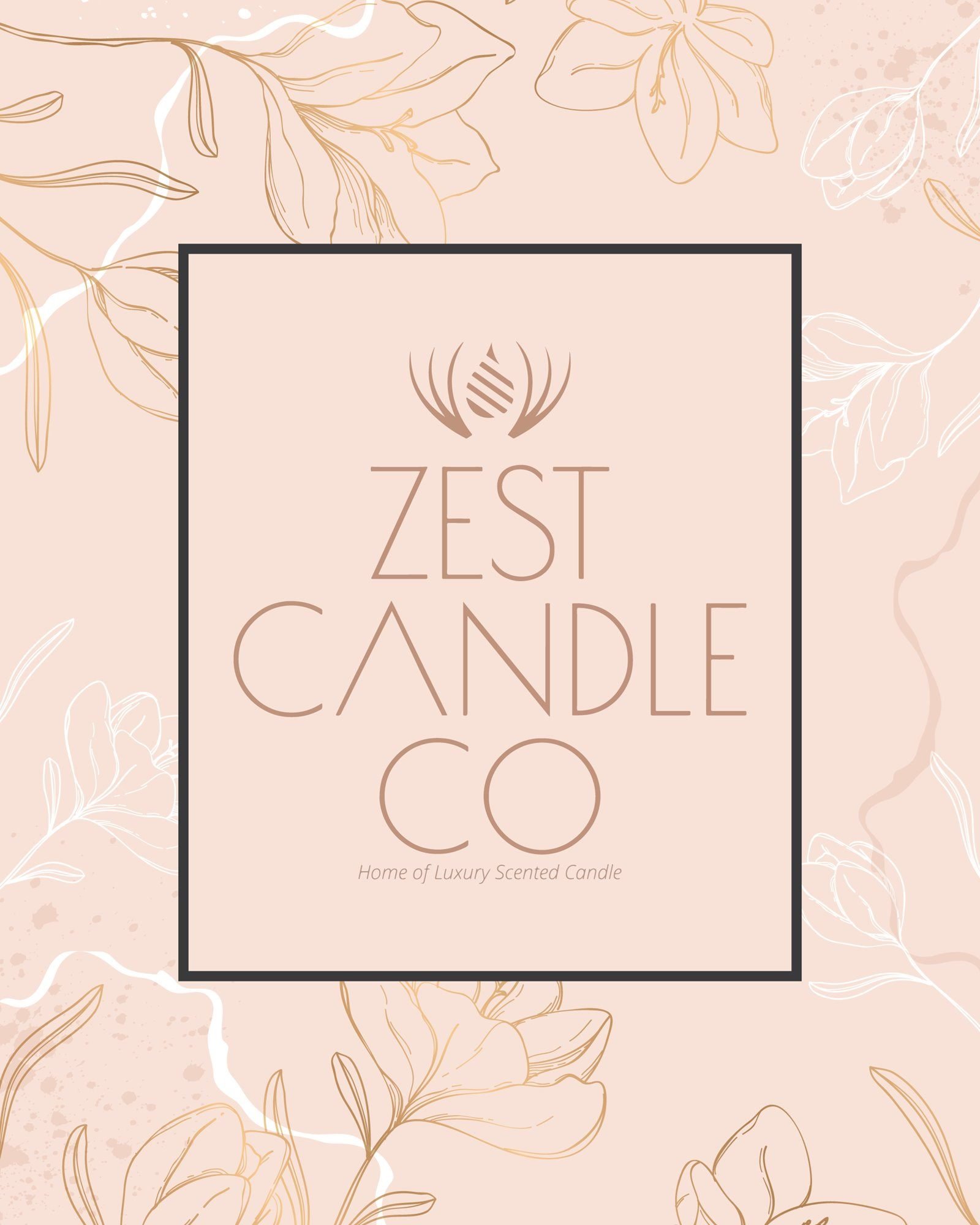 Zest Candle Co logo: a striped flame cradled by two curved strokes above the wordmark ZEST CANDLE CO and “Home of Luxury Scented Candle”, framed in charcoal on a blush floral pattern.